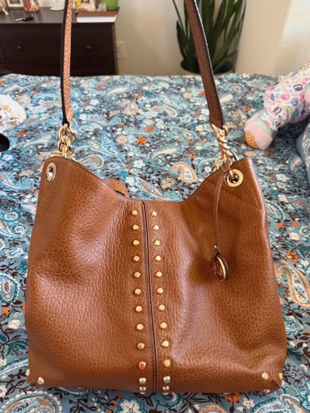 Michael Kors Cognac Brown Studded Leather Shoulder Bag - Picture 2 of 6